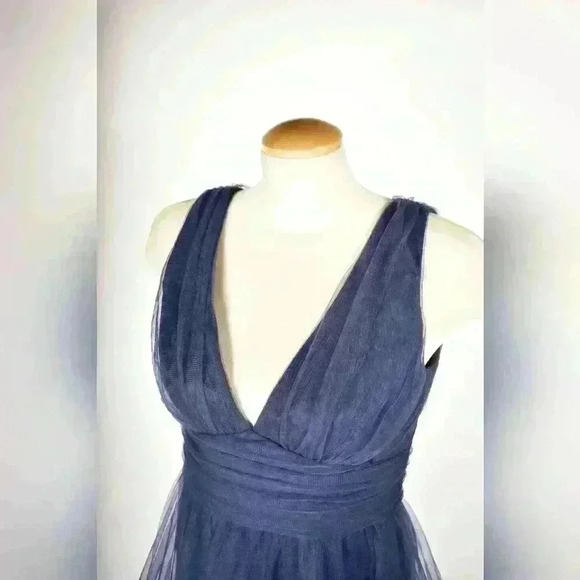 CHI CHI LONDON Navy Asymmetrical Poly Tule Mesh Brides  Plunge Dress 8US Medium - Picture 6 of 9